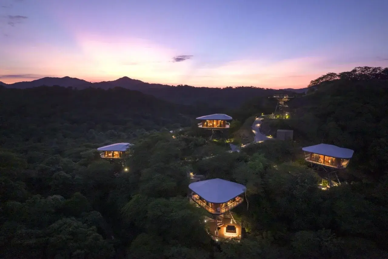 Suites raised on stilts among the treetops of a tropical dry forest, glowing at dusk below a pink and violet sky